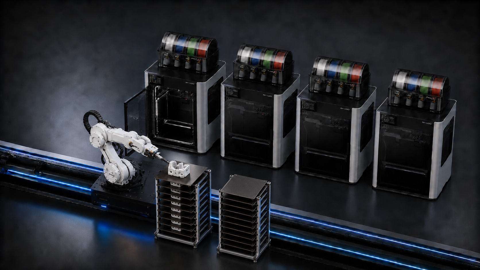 YUKI robotic arm tending four 3D printers on a linear rail