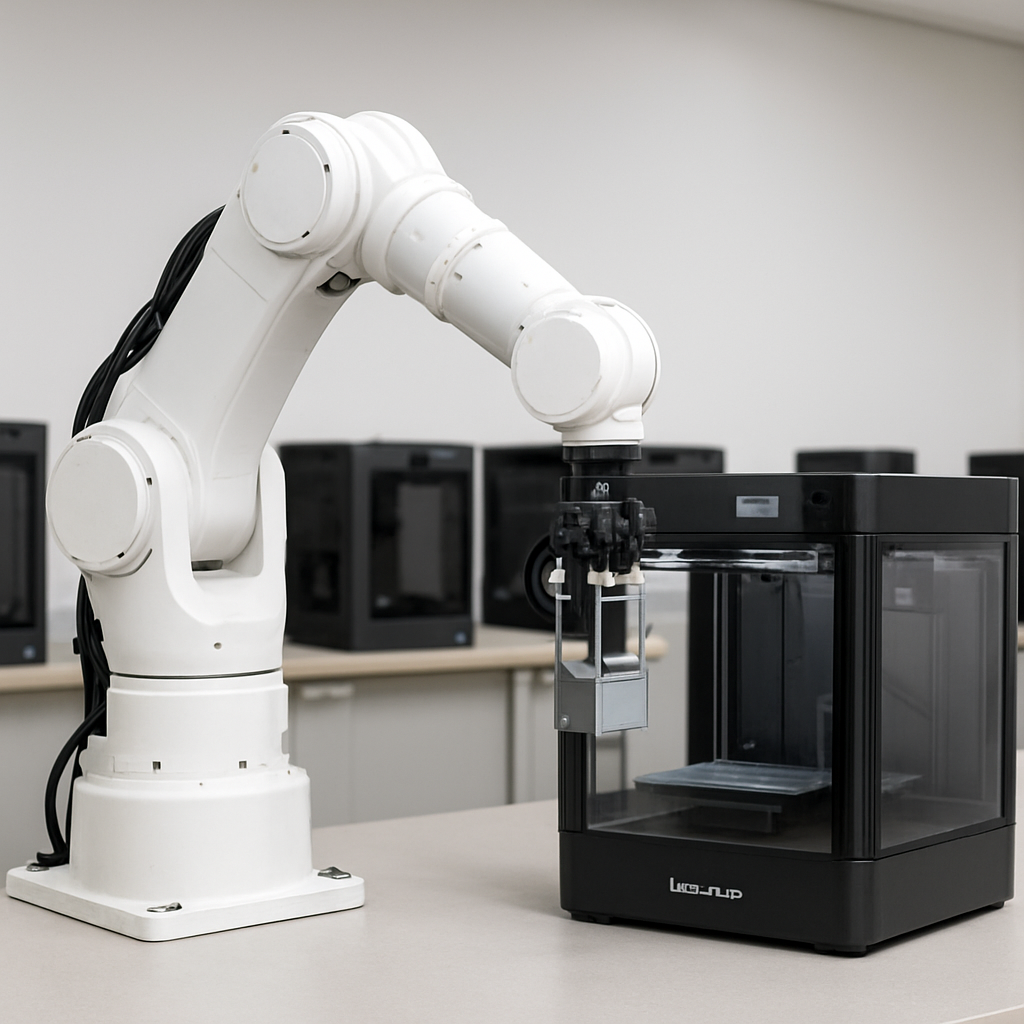 Robot arm opens Bambu Lab H2D 3D printer