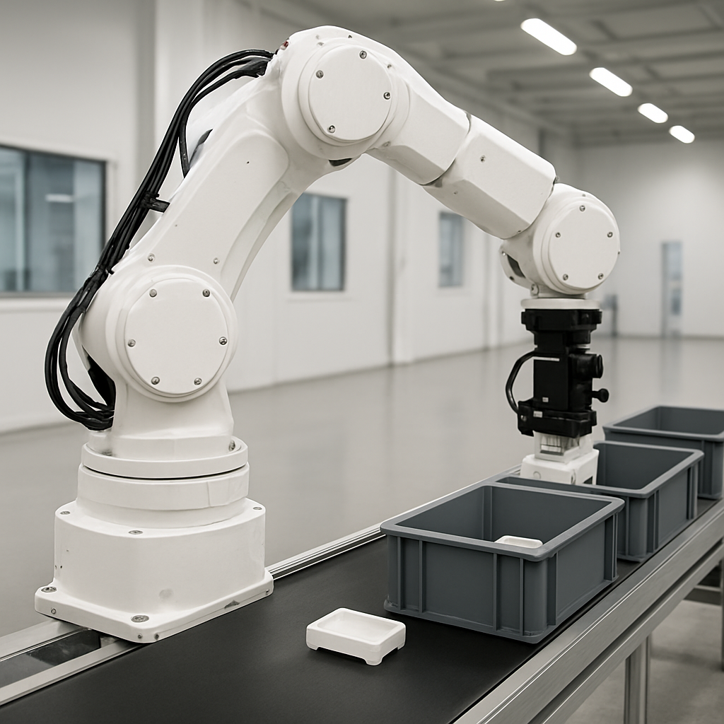Robot arm sorts plastic parts on conveyor