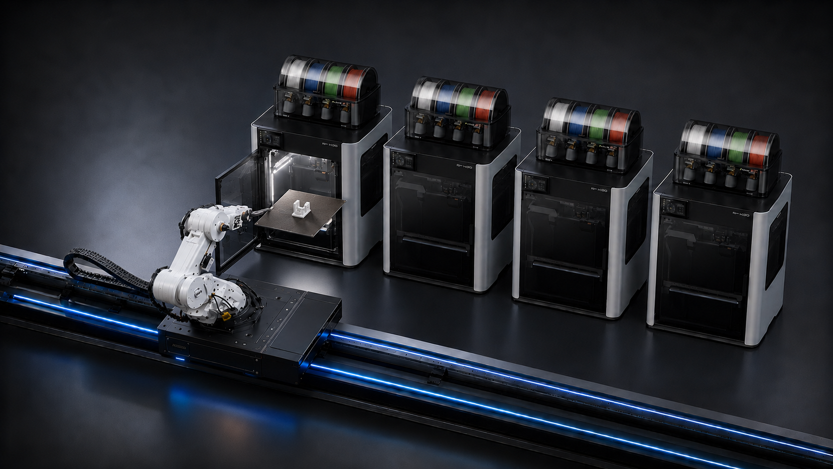 YUKI robotic arm tending a four-printer 3D-printing farm
